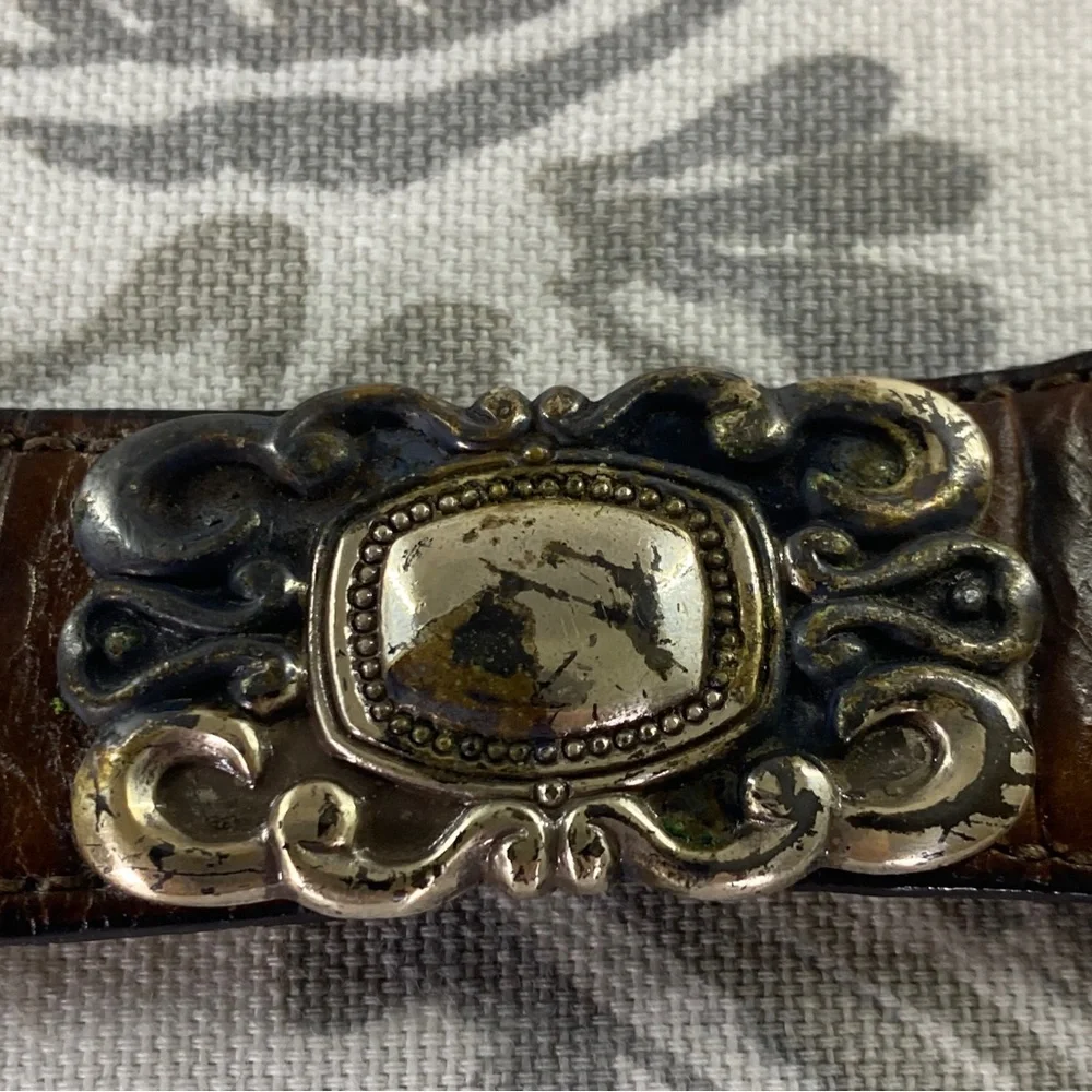 VTG FOSSIL LEATHER CROCO-EMBOSSED‎ WESTERN BELT, ORNATE CONCHOS & BUCKLE, M/L